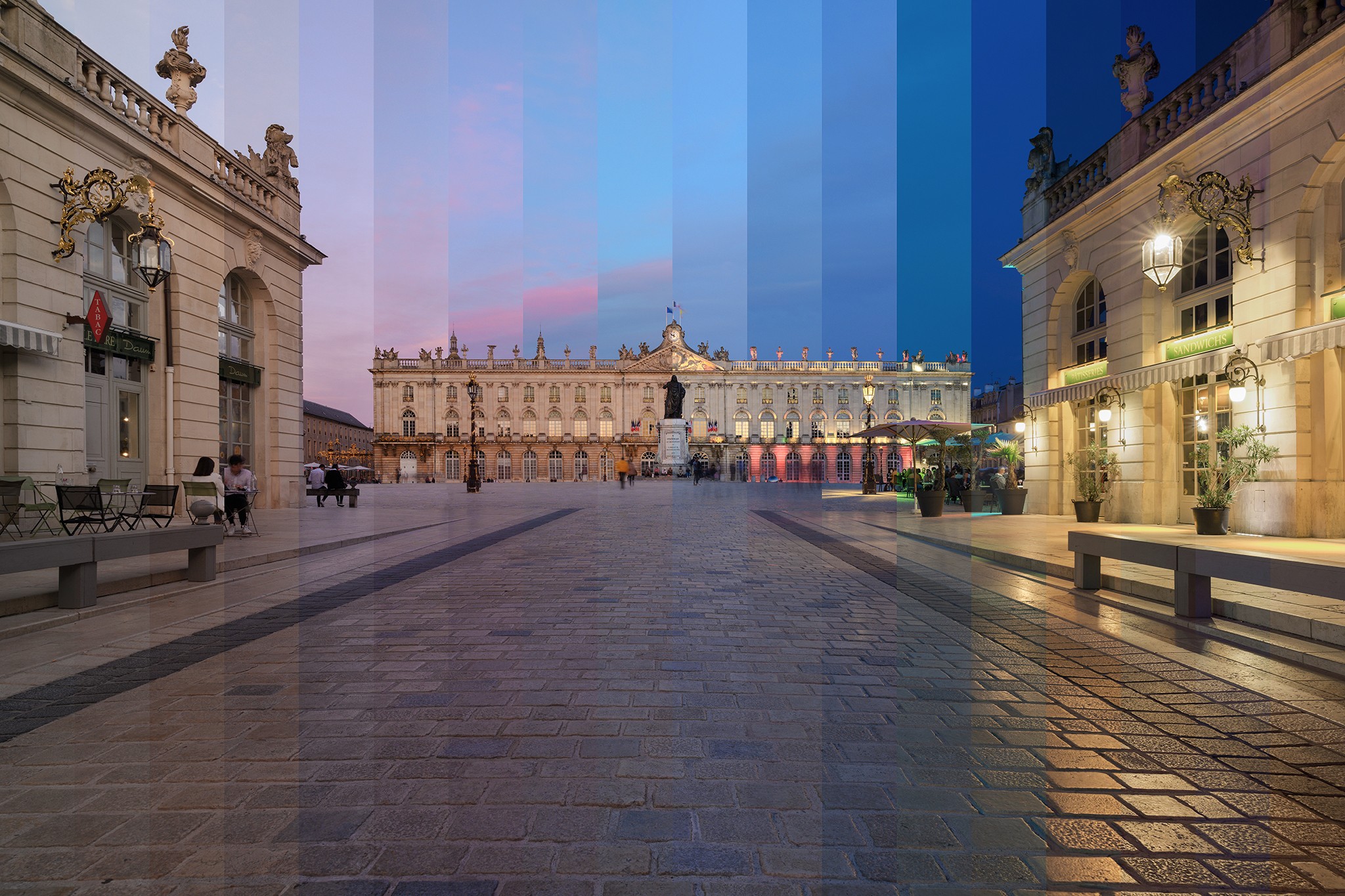Jour / nuit en 18 étapes, 1h20 entre l'image de gauche et celle de droite | Place Stanislas © Pierre ROLIN - Photographe Nancy - Lorraine / Grand Est